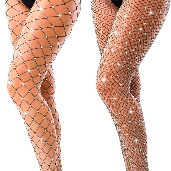 2 Pack Fishnet Tights Women Mesh Stockings Glitter Rhinestone Black Large Medium - Picture 5 of 5